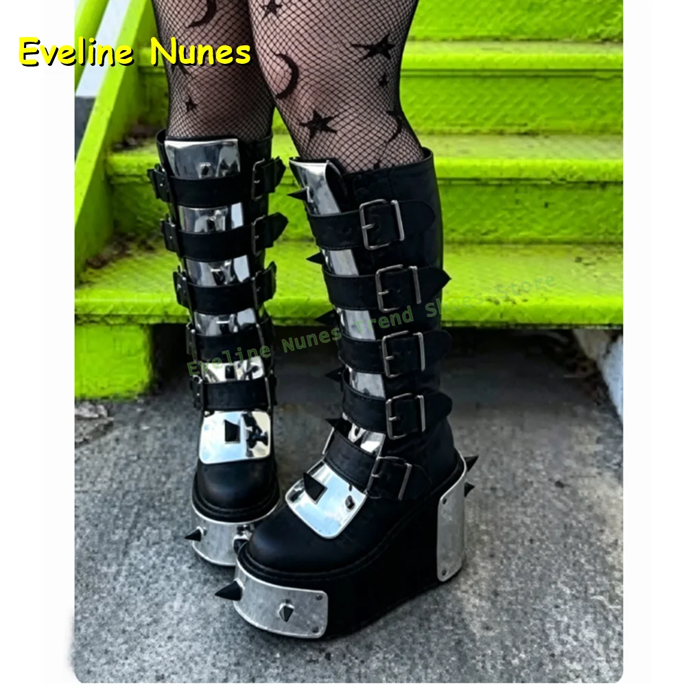 Black Gothic Spiked Platform Boots Women's Buckle Strap Wedge Knee High Boots for Punk Street Style Knee High Boots 2026 Trend