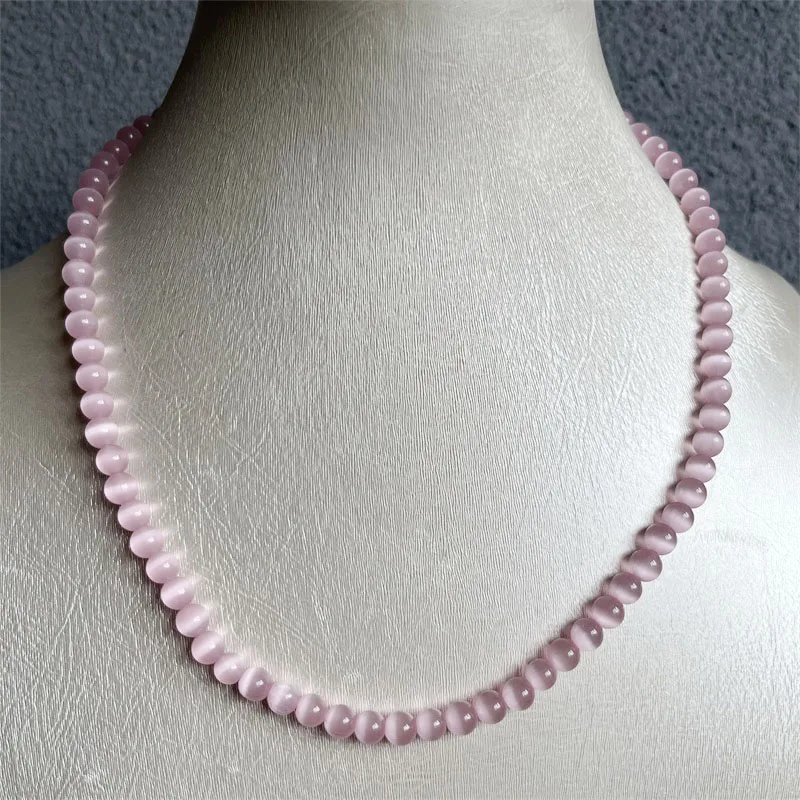 6MM Pink Cat Eye Necklace Natural Gemstone Ball Round Bead Women Wedding Love Gift Fashion Glamour Jewelry