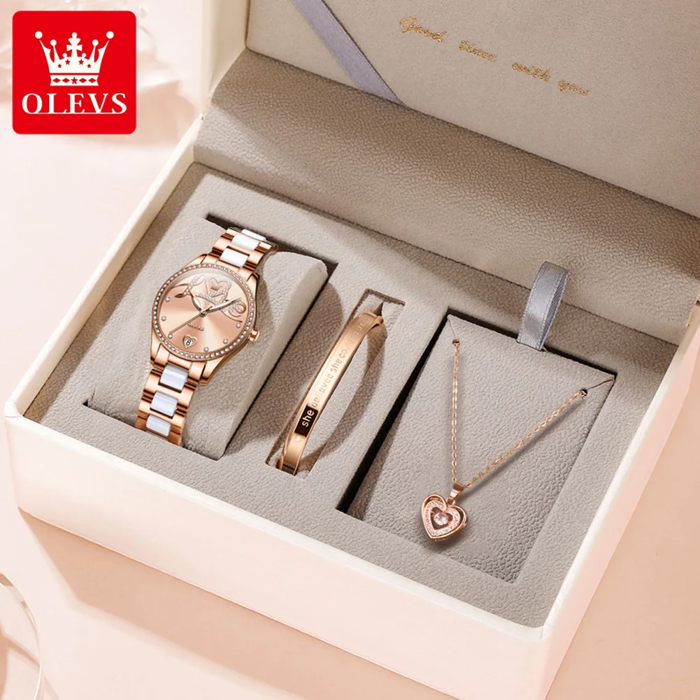 OLEVS 6686 Reloj para mujer, Reloj mecánico Original de lujo, correa de cerámica, esfera de amor, relojes con fecha para mujer, conjunto de pulsera, Caja Reloj