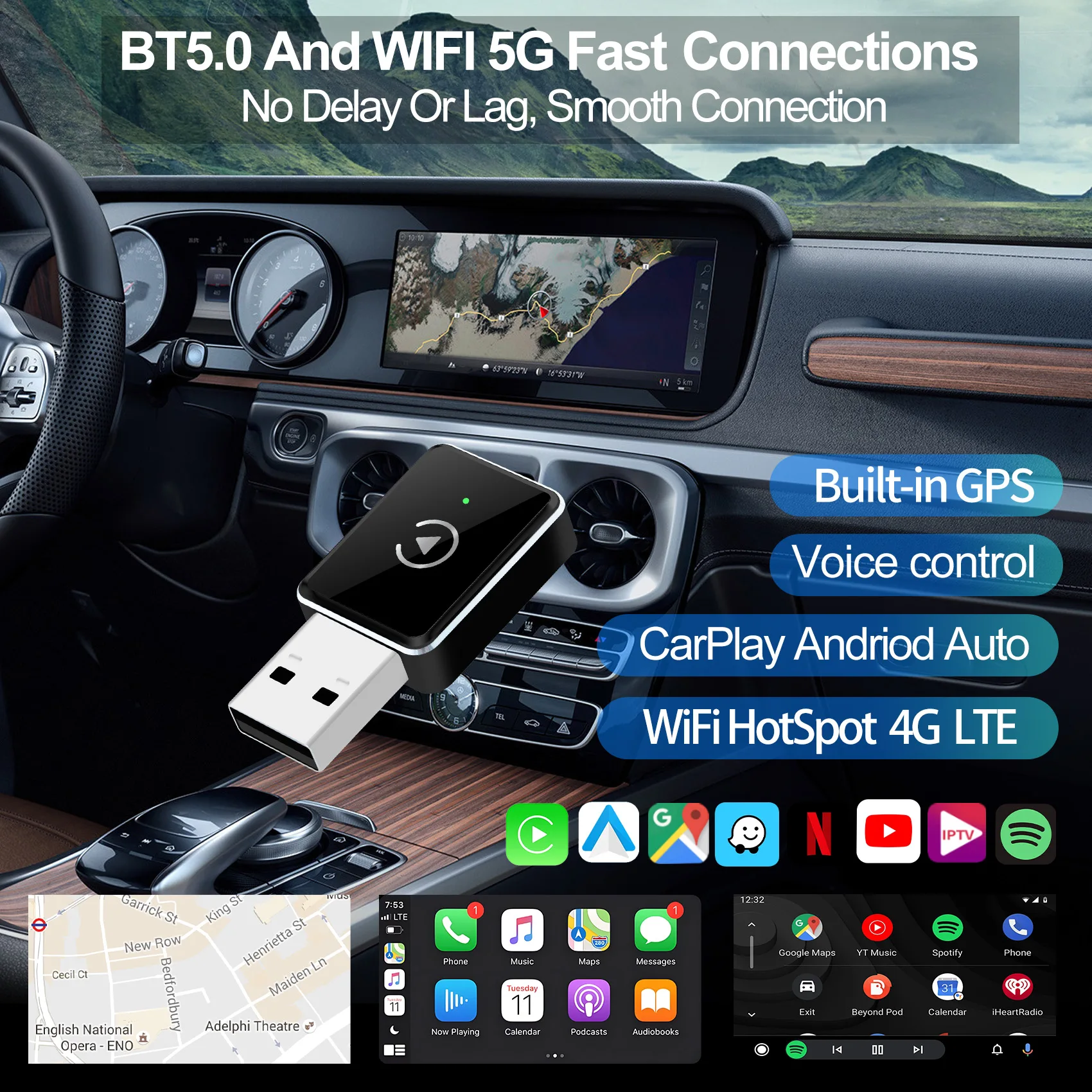 2025 جديد محول Carplay اللاسلكي أندرويد السيارات 2in1 صندوق صغير ذكي واي فاي BT السيارات الاتصال لتويوتا أودي بنز كيا بورش فورد