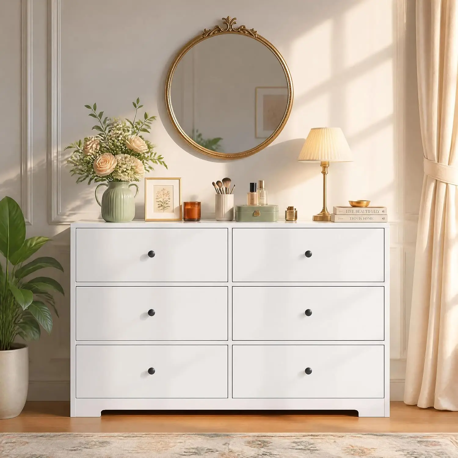 47 Inch 6 Drawer Dresser For Bedroom, Modern Wide Chest Of Drawers With Gold Handles, Storage Cabinet For Living Room Entryway Closet