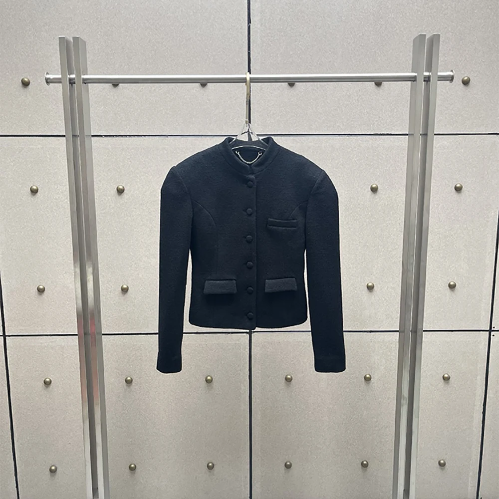 Ladies Wool Mix Tweed Short Jacket Mandarin Collar Button Down Long Sleeve Slim Cropped Coat Classic Chic Office Daily Outerwear