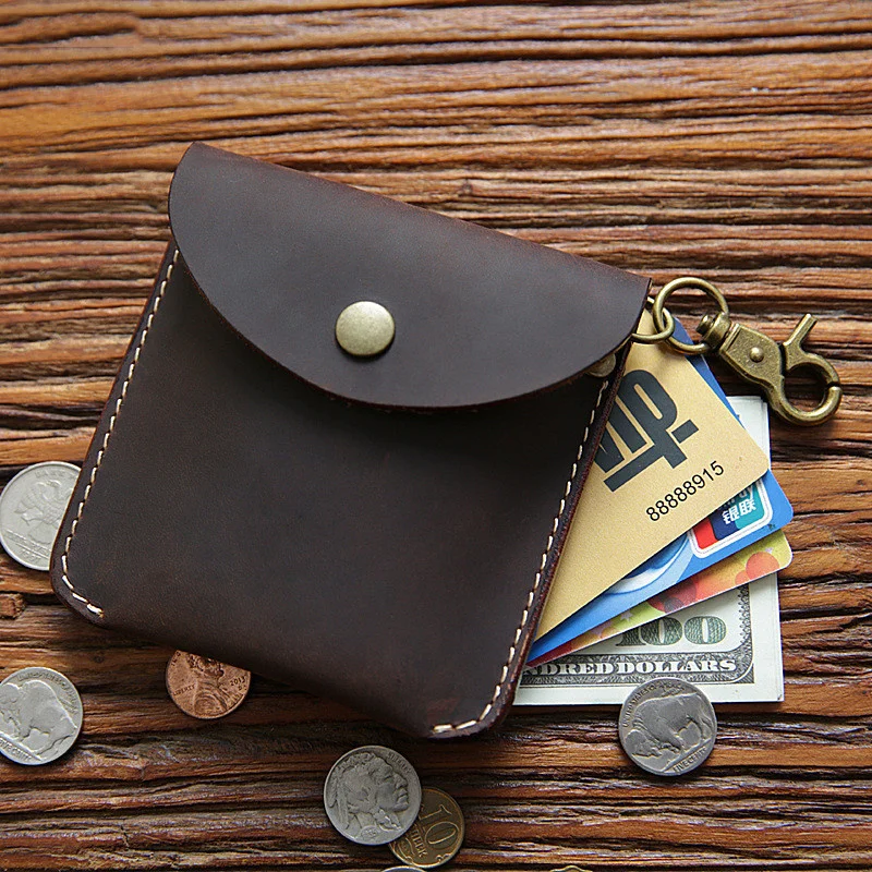 Genuine Leather Coin Purse Men Vintage Handmade Crazy Horse Short Small Pocket Case Card Holder Wallet Money Bag