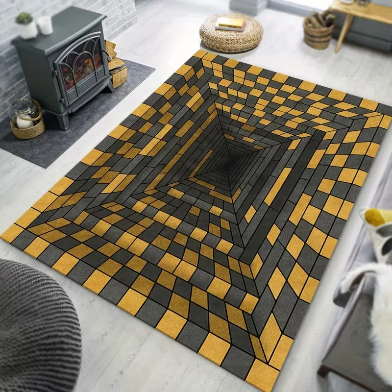 2D Vortex Illusion Black Gold Checkered Rug Non Slip Mat Creative Visual Trap Design Living Room Bedroom Entryway Funny Carpet