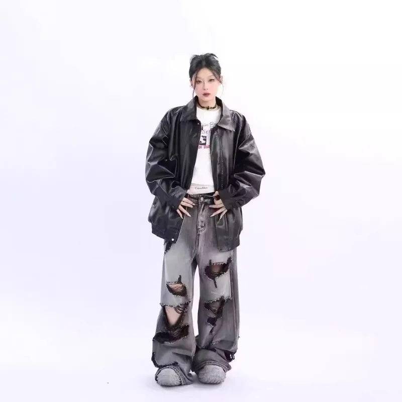 Women's Jacket Loose Long Sleeves Brown Lapels Zipper Leather Jacket Autumn Winter Casual Tops Black PU Leather Motorcycle Coat