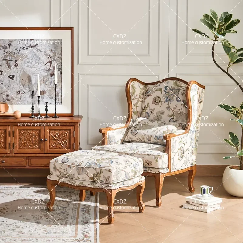 Country Style Solid Oak Wood Single Sofa Chair Jacquard Fabric Balcony Leisure Armchair with Double Ears for Living Room