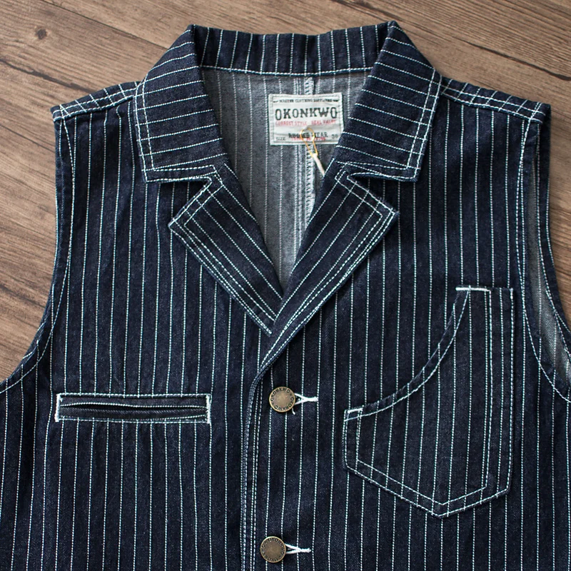 American Retro Khaki Suit Collar Motorcycle Hunting Original Color Denim Workwear Cowboy Vest Tank Top for Men Autumn Cotton ...
