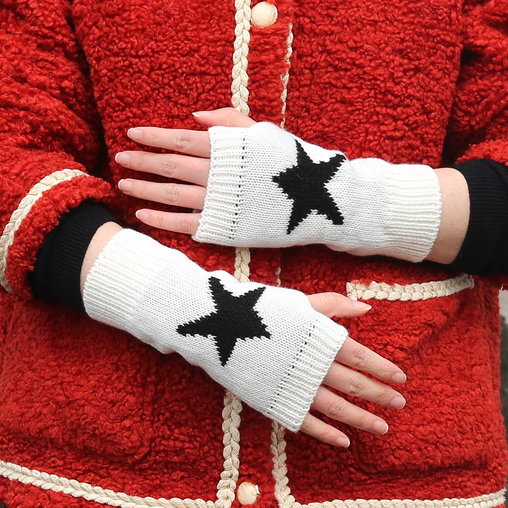 Y2K Fashion Knitted Winter Gloves Korean Women Half Finger Warm Goth Gloves Pentagram Star Fingerless Hand Warmer Mitten