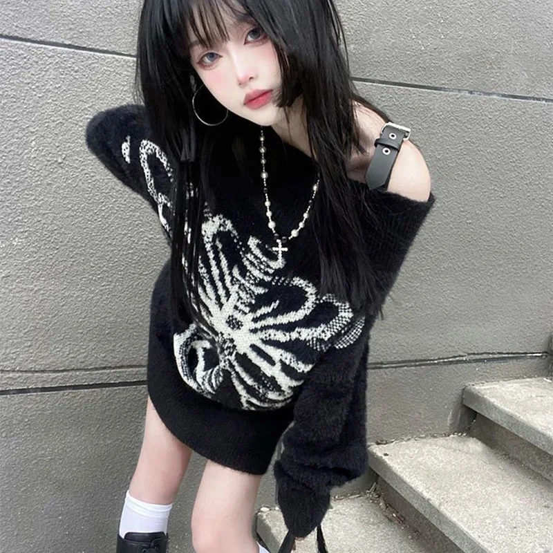 Skull embroidered Punk Aesthetic Loose pullover sweater Subculture y2k E-girls casual tops vintage Harajuku gothic chic sweater
