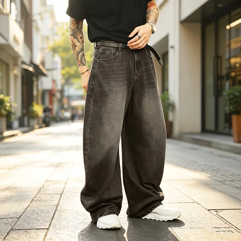 Men Y2K Black Faded Gradient Wash Super Wide Leg Jeans Oversized Baggy Floor Length Streetwear Denim Trousers