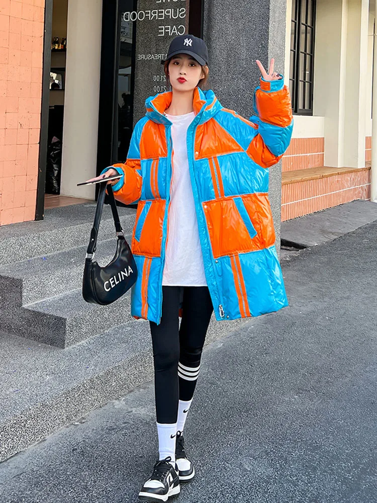 2023 Winter Women New Long Hooded Down Jackets Female Patchwork Thicken Warm Outerwear Ladies Glossy White Duck Down Coats