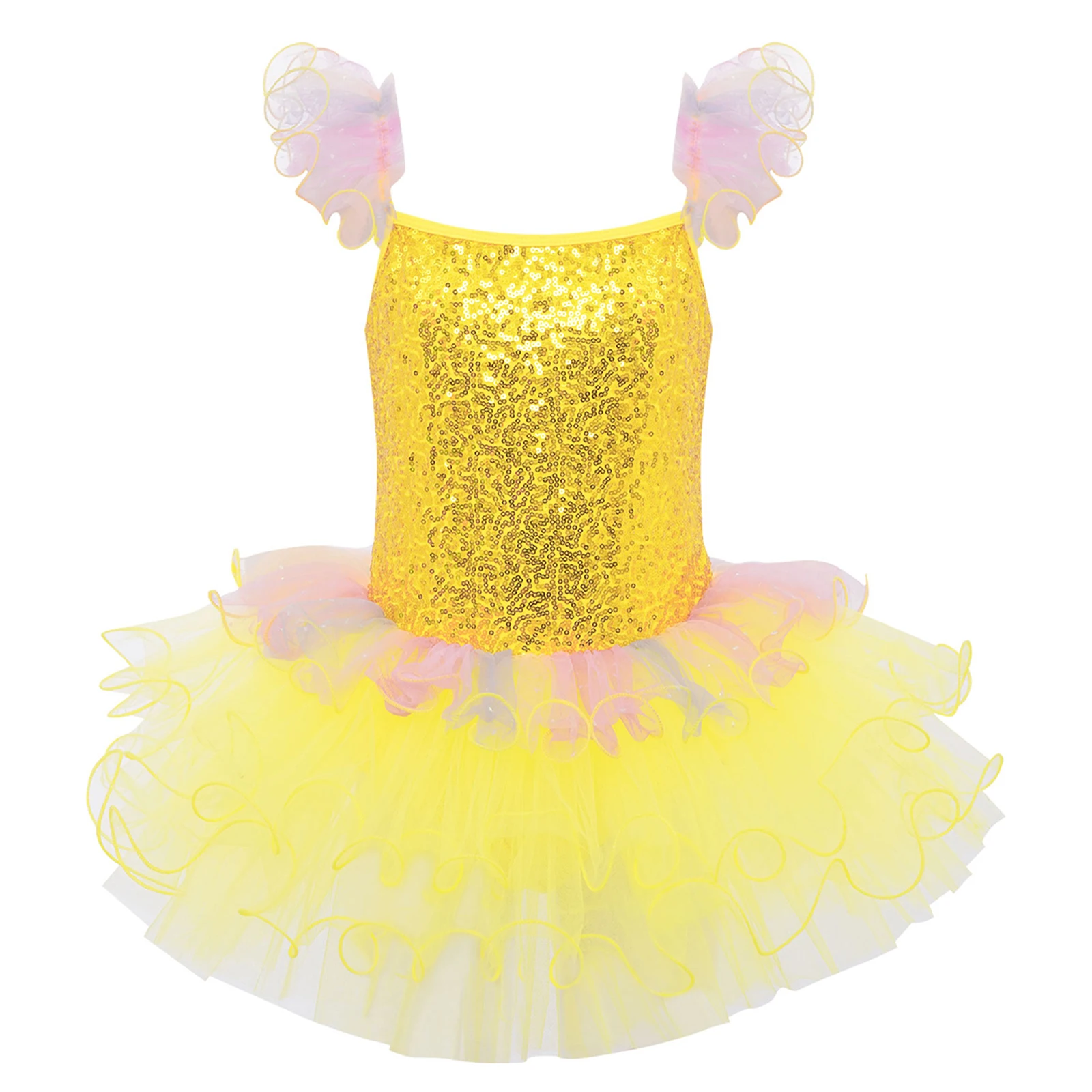 

Kids Girls Ballet Dresses Ruffled Sleeves Shiny Sequins Bodice Layered Tulle Tutu Dance Dress+Headwear for Performance Dancewear
