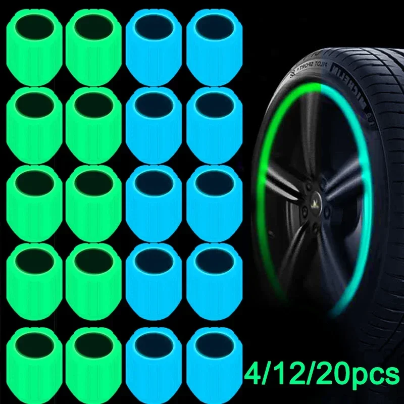 4/12/20Pcs Mini Luminous Car Tire Valve Caps Fluorescent Blue Night Glowing Tire Valve Caps for Car Motorcycle Auto Accessories