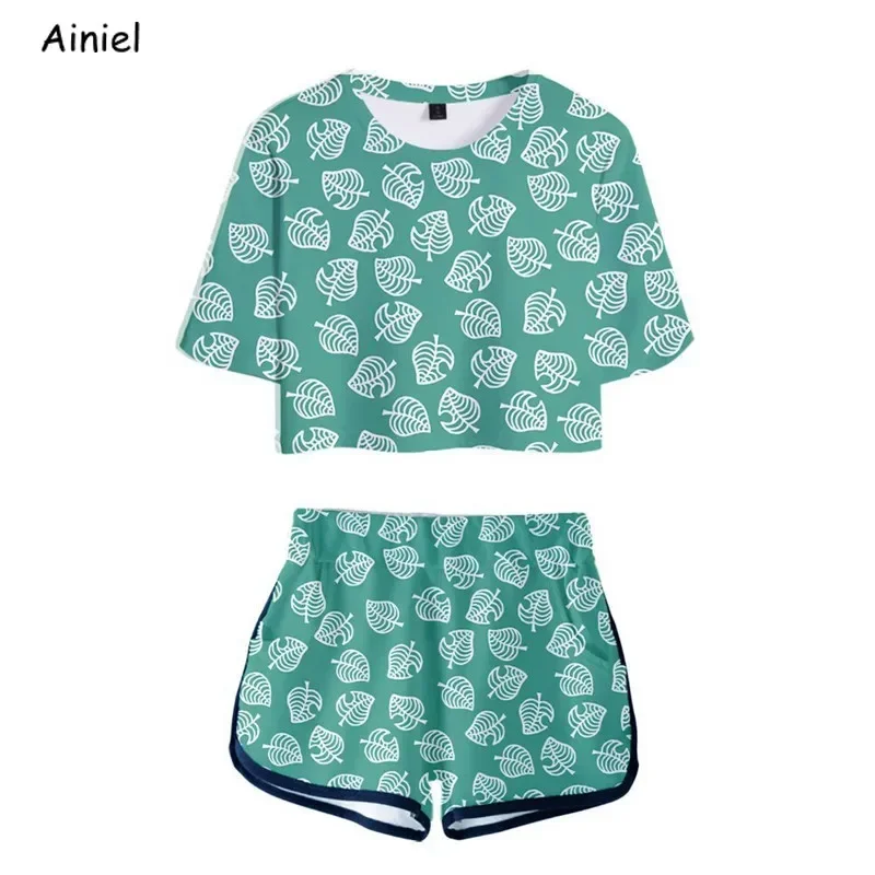 Hot Game Animal Crossing shirt T-Shorts Sport Pak Tom Nook 3D Blad Gedrukt Korte Mouw Tees Meisjes Disfraz Vrouwen Gym set MN11