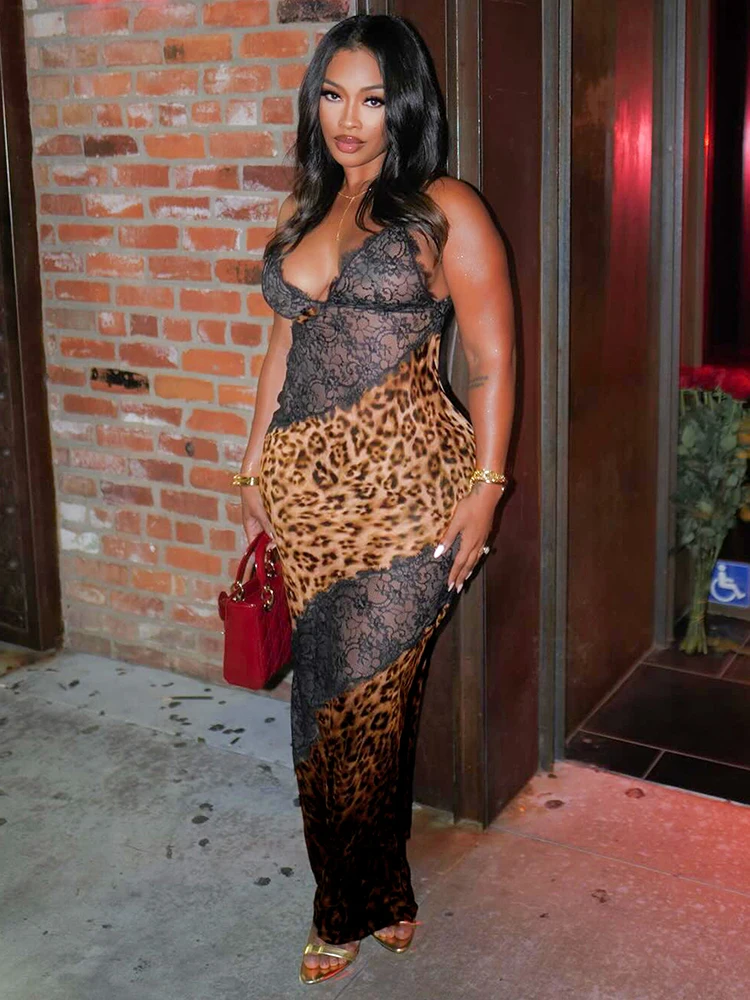 غريب سنور شبكة المرقعة فستان حورية البحر المرأة ليوبارد طباعة مثير منخفضة الرقبة الانقسام عارية الذراعين Ruched منتصف الليل موضة طويلة Bodycon