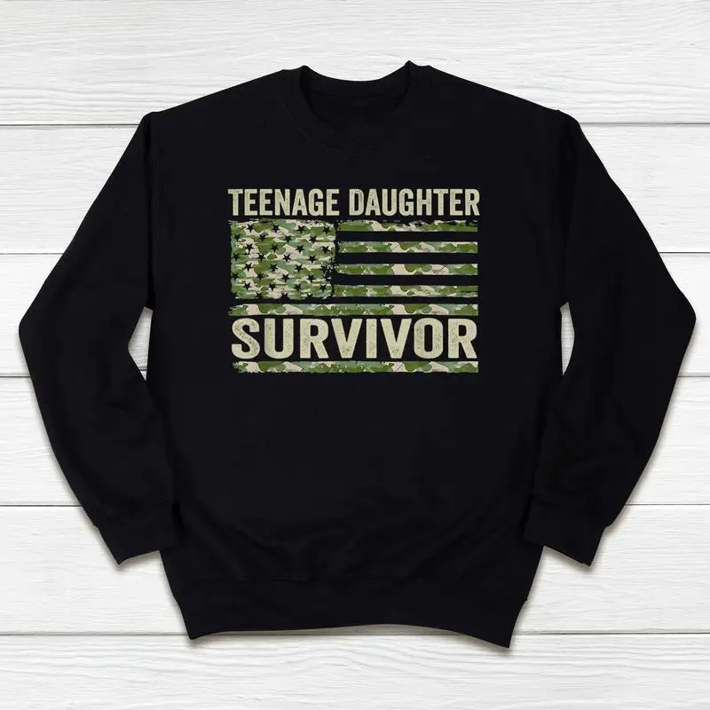 

Men Teenage Daughter Survivor Sweatshirt Funny Parent Humorous Camo Flag Graphic Loose Fit Casual Dad Mom Gift Top