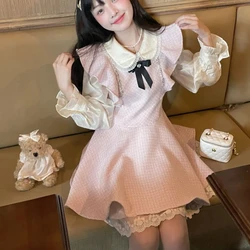 Gentle Pink Sweet A-line Flying Sleeves Lace Sweet Girl Sensation Age Reducing and Slimming Women's Short Skirt White Shirt Set