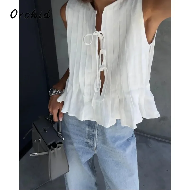 Fashion Bow Lace Up Shirts Women Cotton Linen Hollow Out Sleeveless Pleated Blouses Woman 2025 Summer New Casual Lady White Tops