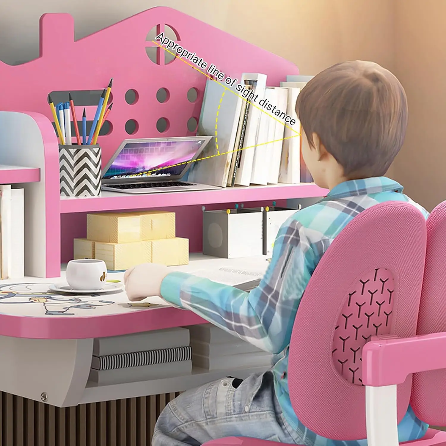 Ensemble de bureau d'étude et chaise réglables pour enfants avec rangement, égouts de proximité, étagère, table de devoirs d'écriture pour enfant en bas âge, calcul de travail pour petite fille