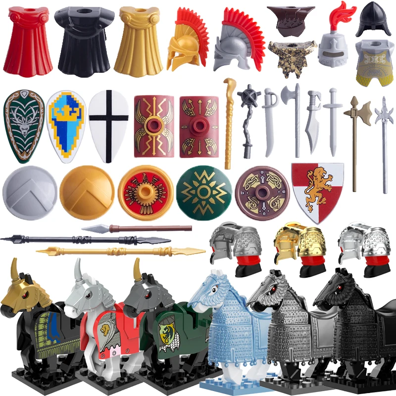 MOC Medieval Soldier Figure Building Block Warhorse Cloak Sword Saddle Helmet Weapon Military Accessories Gift Toys Kids Bricks