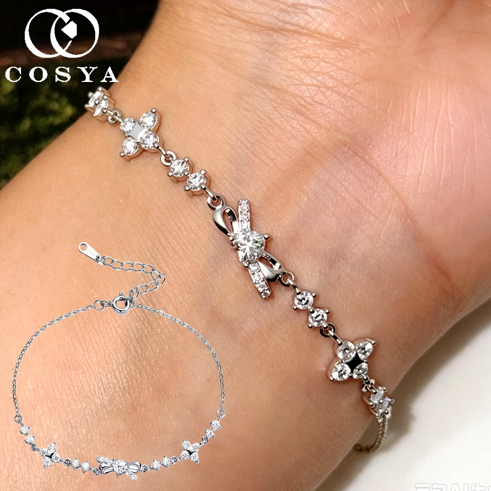 COSYA 4mm Heart Cut Full Moissanite Bracelets for Women 100% S925 Silver D Color Lab Diamond Clover Chain Dianty Fine Jewelry