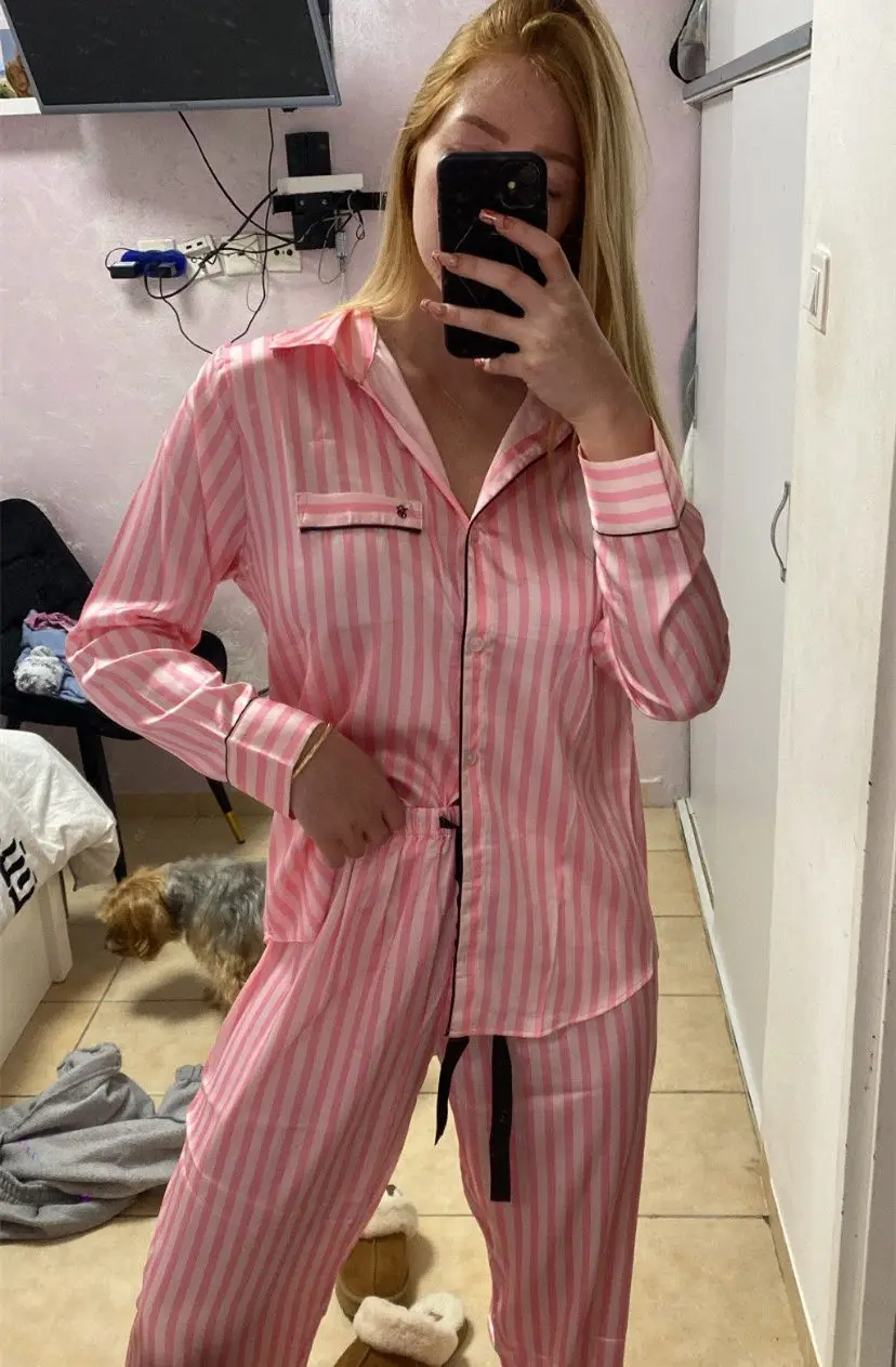 Women\'s Pajamas Set Satin Fashionable Silk Homewear Shirt & Pants Pink Striped Thin Party Pajamas 2-piece Luxury Pajamas Set