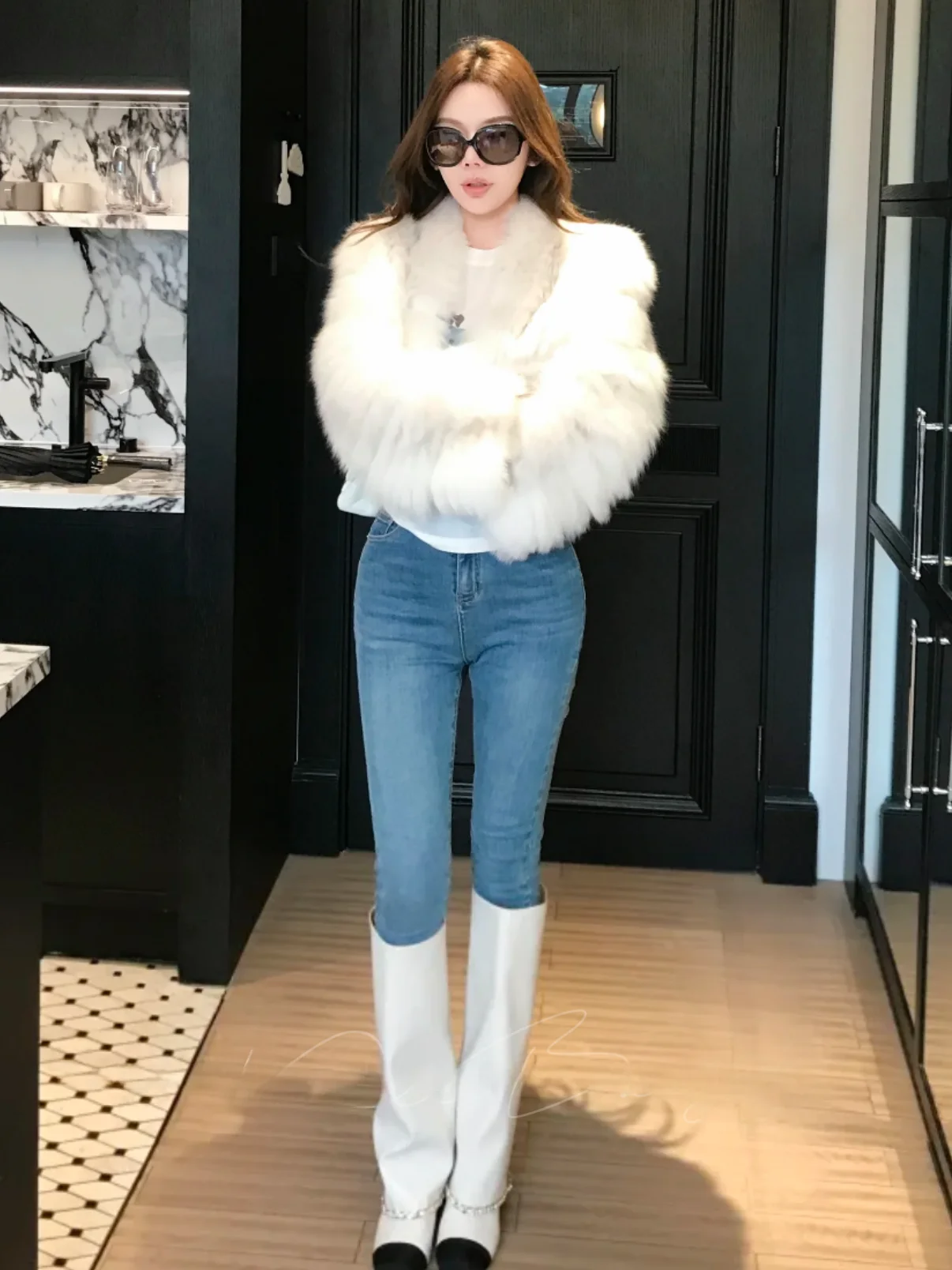 

High Waist Stretchy Slim Fit Jeans Women's Retro American Sle Cotton Stretch Denim Pants Visual Heightening Effect