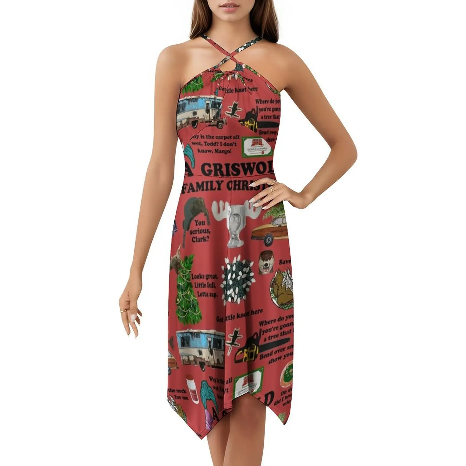 مضحك عيد الميلاد الأسرة الشتاء عطلة الرجعية الأحمر البوهيمي فستان بلا أكمام للنساء طباعة فساتين حفلات الشاطئ مضحك عيد الميلاد #5