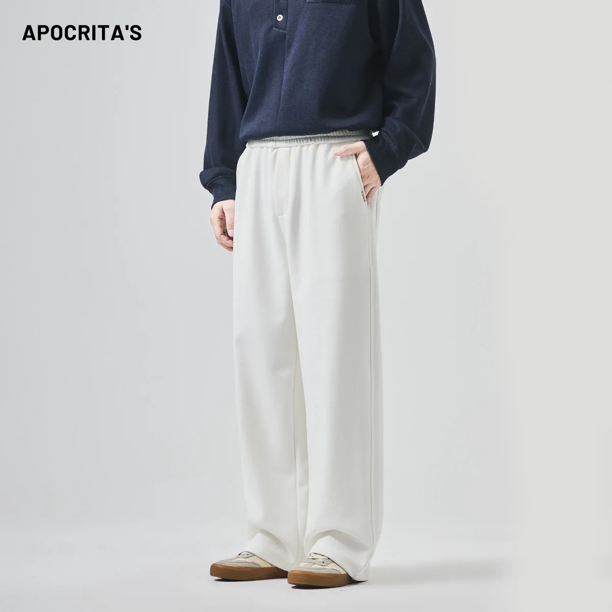 

Men's Spor Casual Trousers Autumn Winter Fce Lined Loose Straight Leg Elastic Waist Long Pants een Color Youth Faion