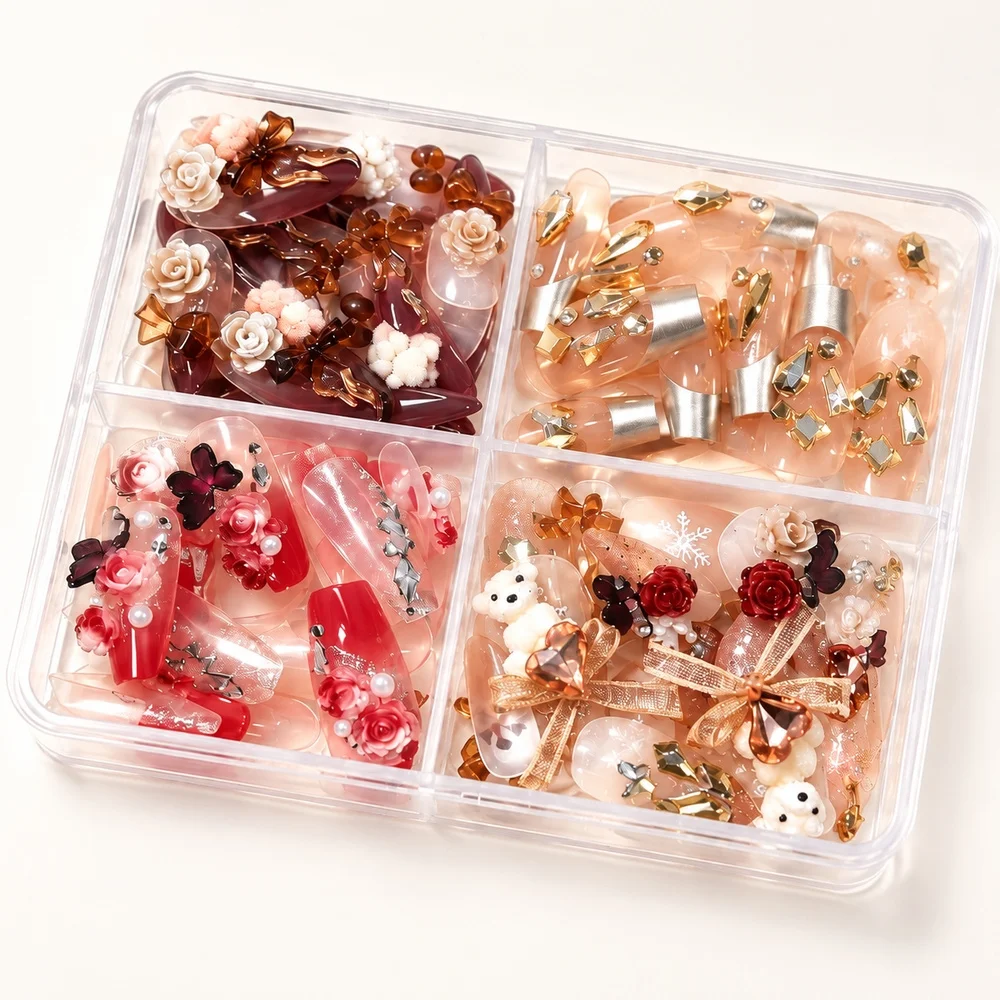 96Pcs Coquette Fake Nails Plush Paw Charm Rose Bow Knot Glossy Reusable 4 Styles with 4-Grid Box for Girl's Party DIY Nail Art