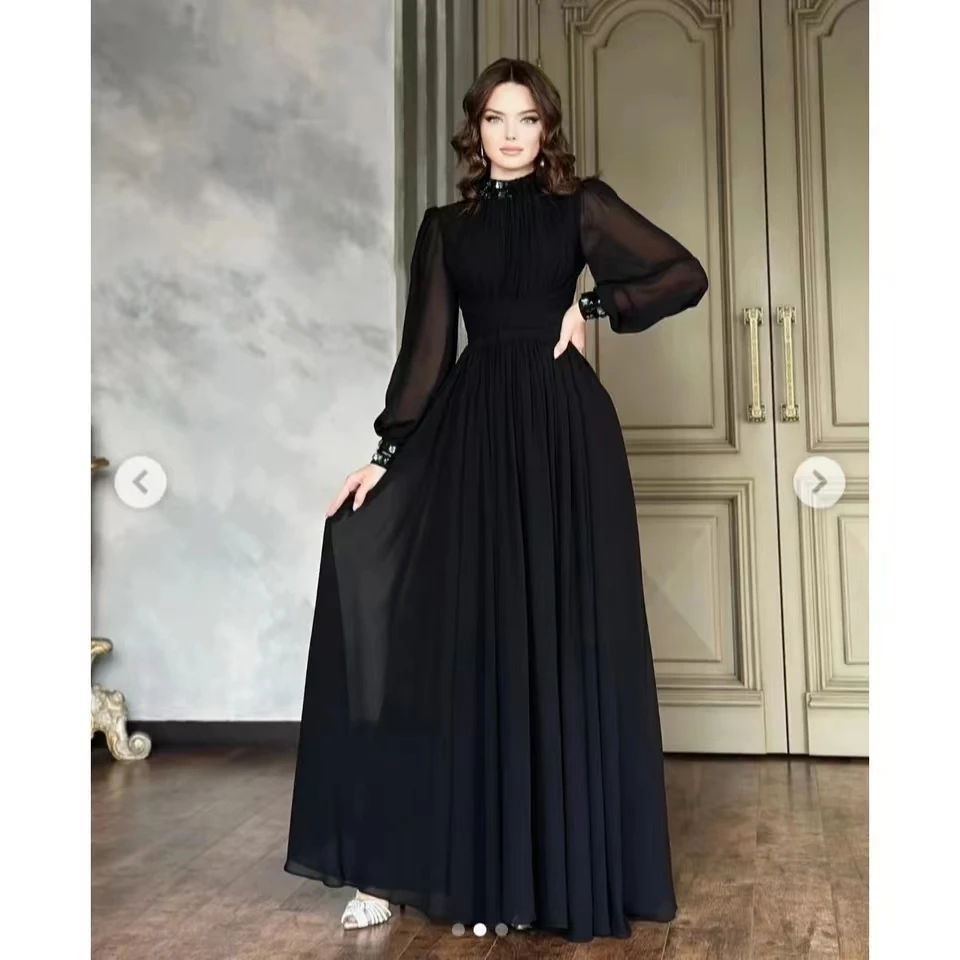 Luxury Women Summer Fashion Elegant Stand COllar Lantern Sleeve Maxi Chiffon A Line Party Beading Evening Casual Dresses