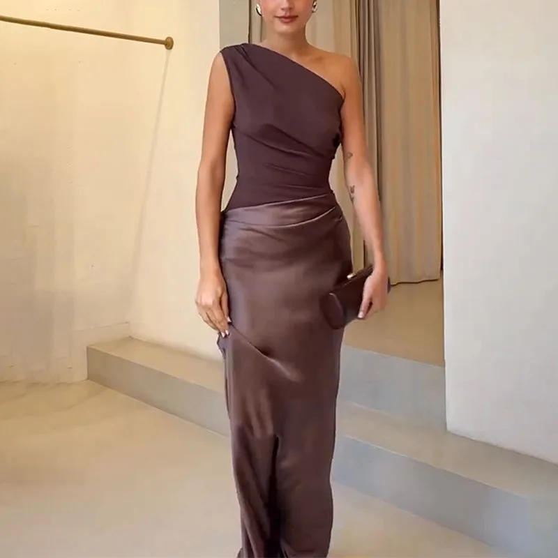 Seksowna sukienka na jedno ramię Elegancka długa sukienka damska Skew Collar Hollow Boho Dress Wiosna Lato Bez pleców Sukienka bez rękawów Party Dress