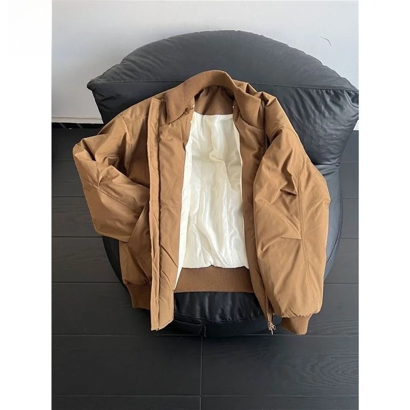 Thickened Short Brown Cotton Jacket Men's Winter American Bomber Flight Jacket Warm Standard Fit Casual Pure Color Polyester ...