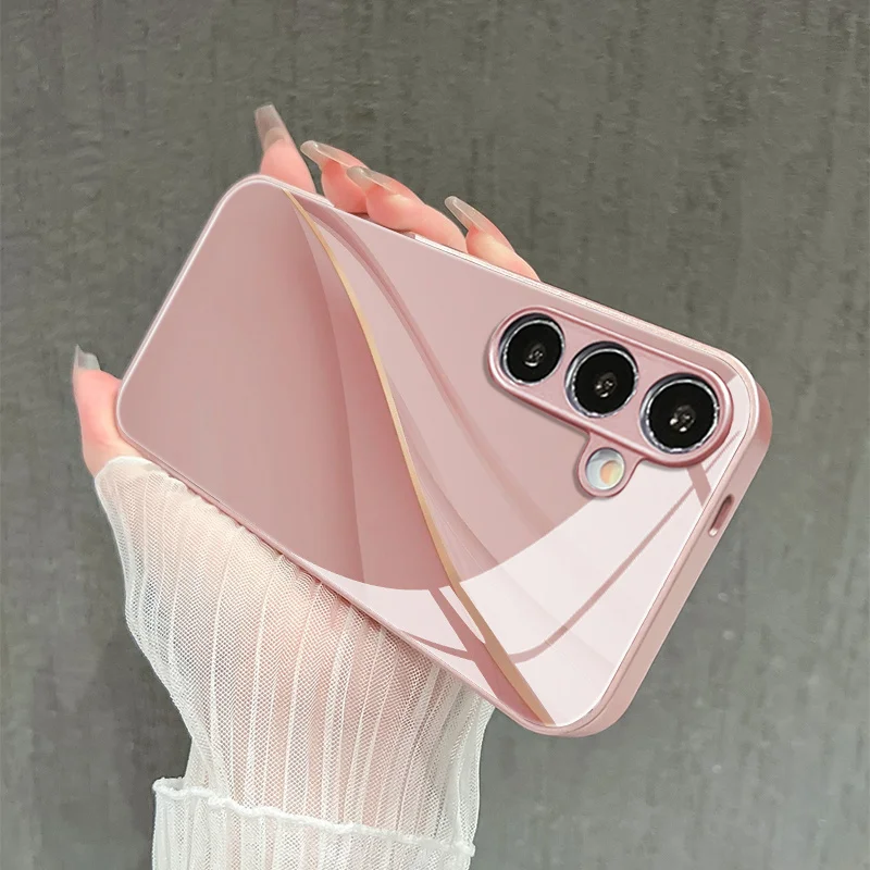 Minimalist pink textured glass phone case suitable for Samsung Galaxy S26 S25 S24 S23 S22 S20 FE/Ultra/Plus anti drop back cover