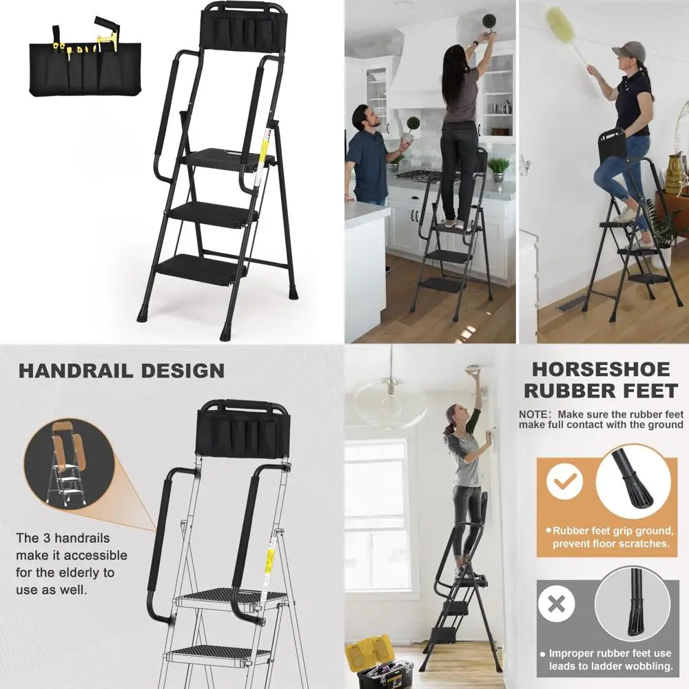 

Складная стремянка с противоскользящими педалями, поручнями и прикрепляемой сумкой для инструментов для организации домашней кухни, кладовой