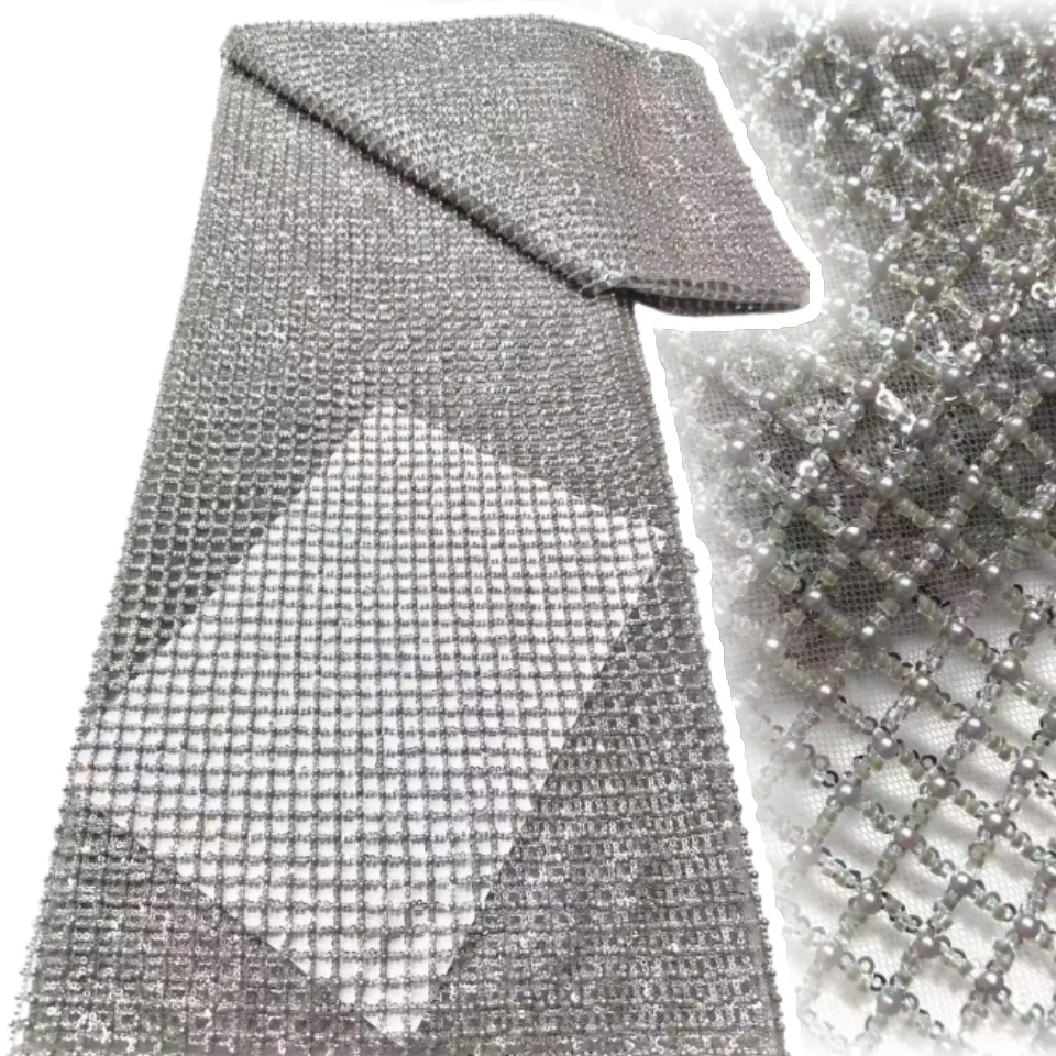 

Grey Luxury Lace Fabric 5 Yards French Hand Beaded Tulle Fabric Groom Embroidery Sequins African Fabric for Sewing 2038
