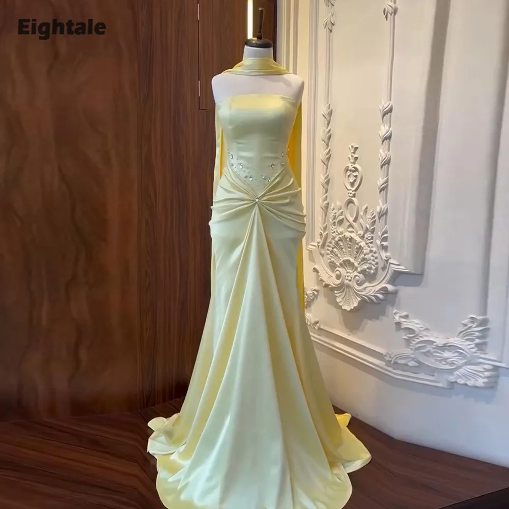 

Eightale Arabic Evening Dress Strapless Beaded Customized Mermaid Yellow Satin Floor Length Prom Wedding Party Gowns
