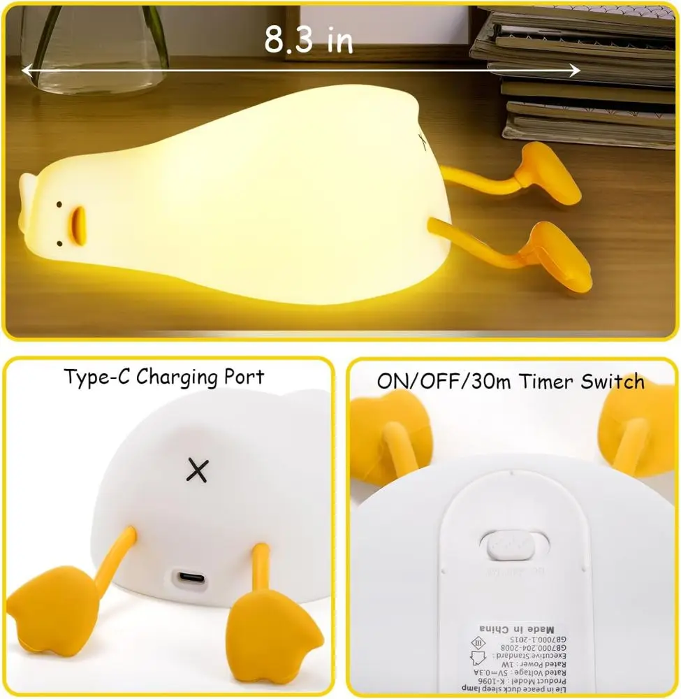 LED Night Light Cute Duck Rechargeable Pat Silicone Lamp Bedside Table Cartoon Child Nightlights Home Room Decor Birthday Gifts