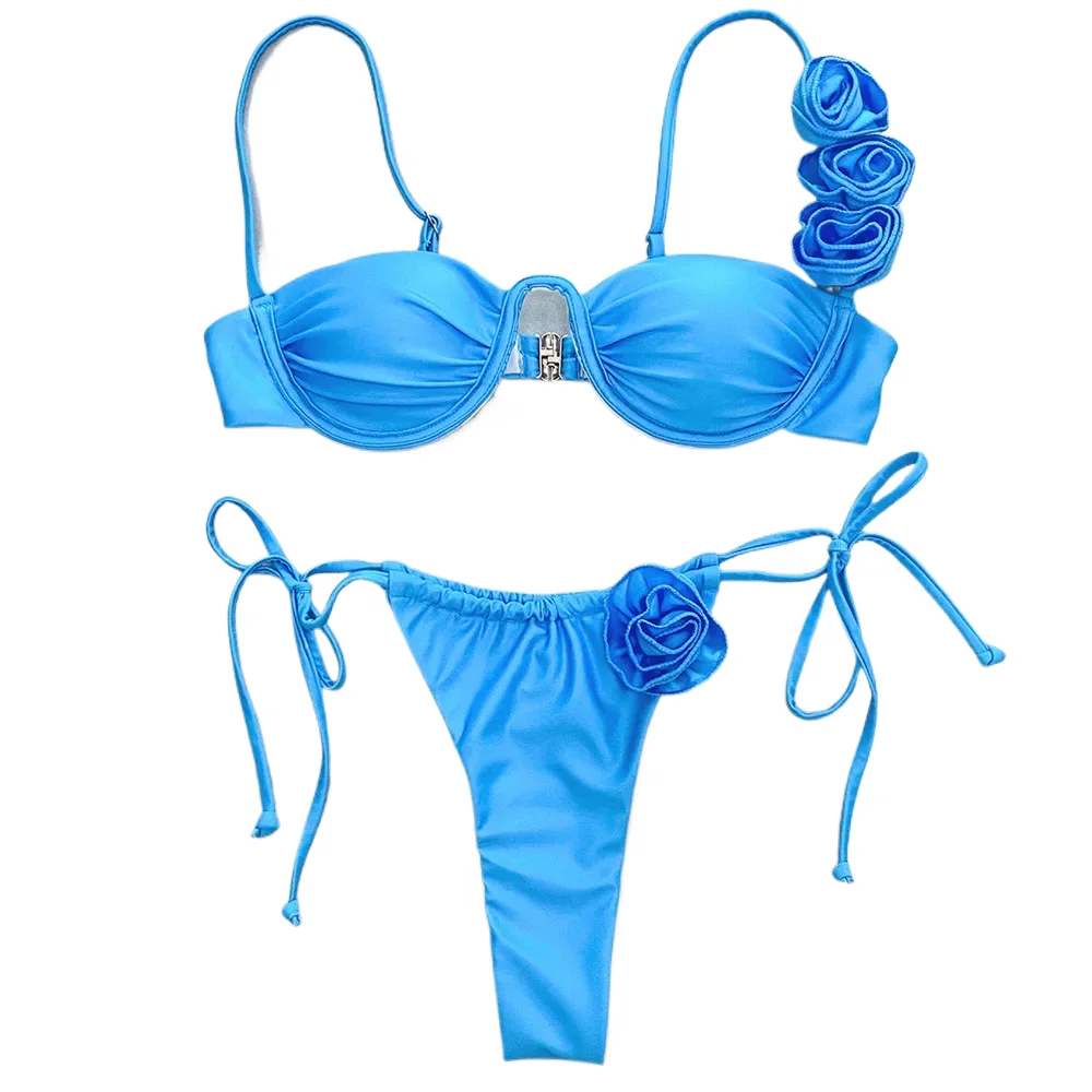 

Сексуальный комплект бикини с 3D цветочным синим пуш-ап 2024, женский морщинистый купальник на косточках, стринги, купальный костюм, бикини Mujer