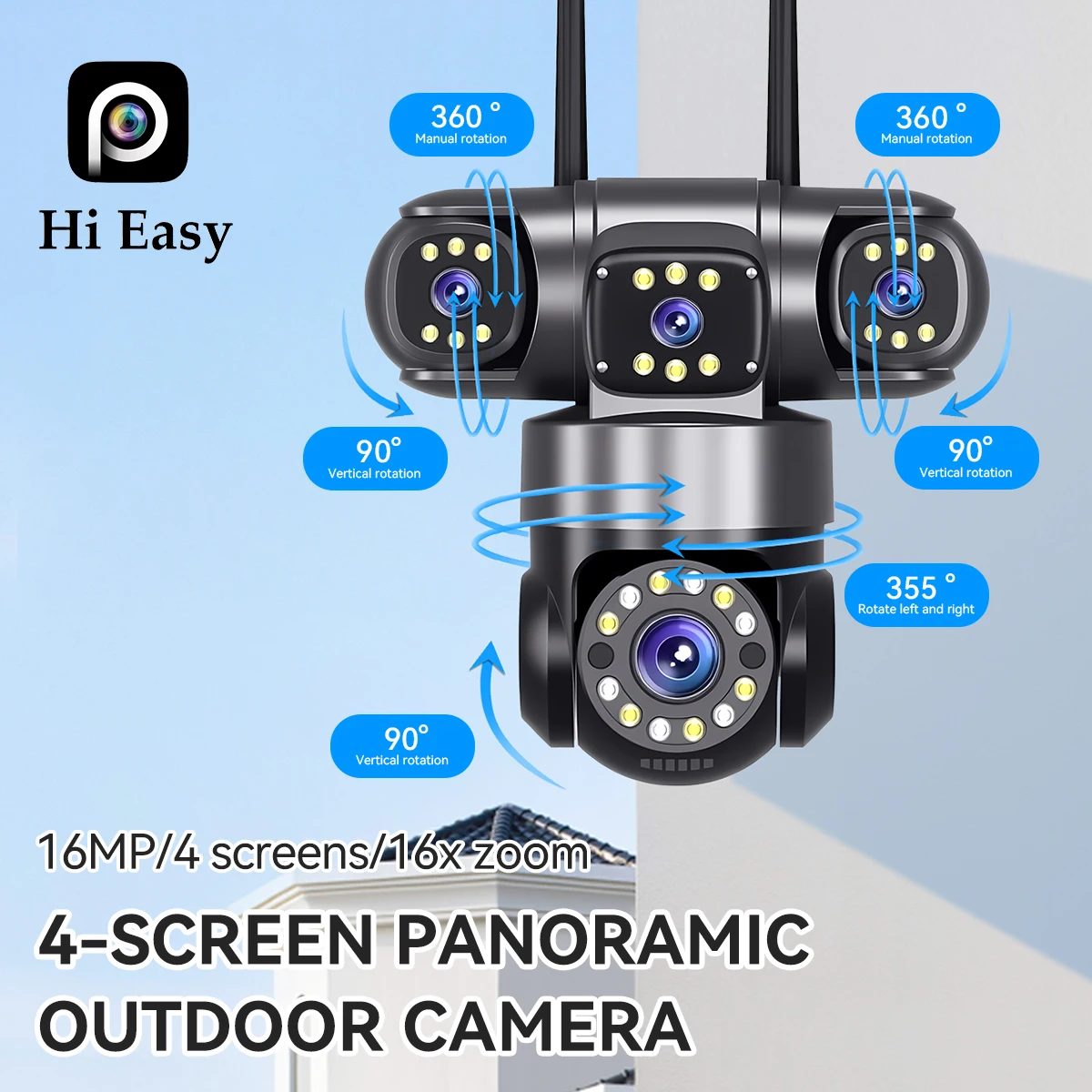 20MP WiFi IP Camera Four Lens Four Screens Outdoor PTZ Camera IP66 Waterproof Night Vision Two-Way Audio CCTV Security Camera