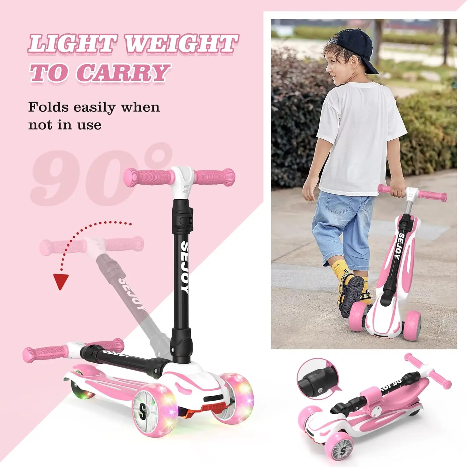 Sejoy Scooter infantil dobrável com 3 rodas, scooter de brinquedo infantil extra largo com altura/guiador ajustável e