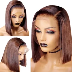 12A Double Drawn 210% Density Bone Straight Hair Bob Wig 13x4 Lace Front Wig 10-16 Inches Chocolate Brown Human Hair Wig