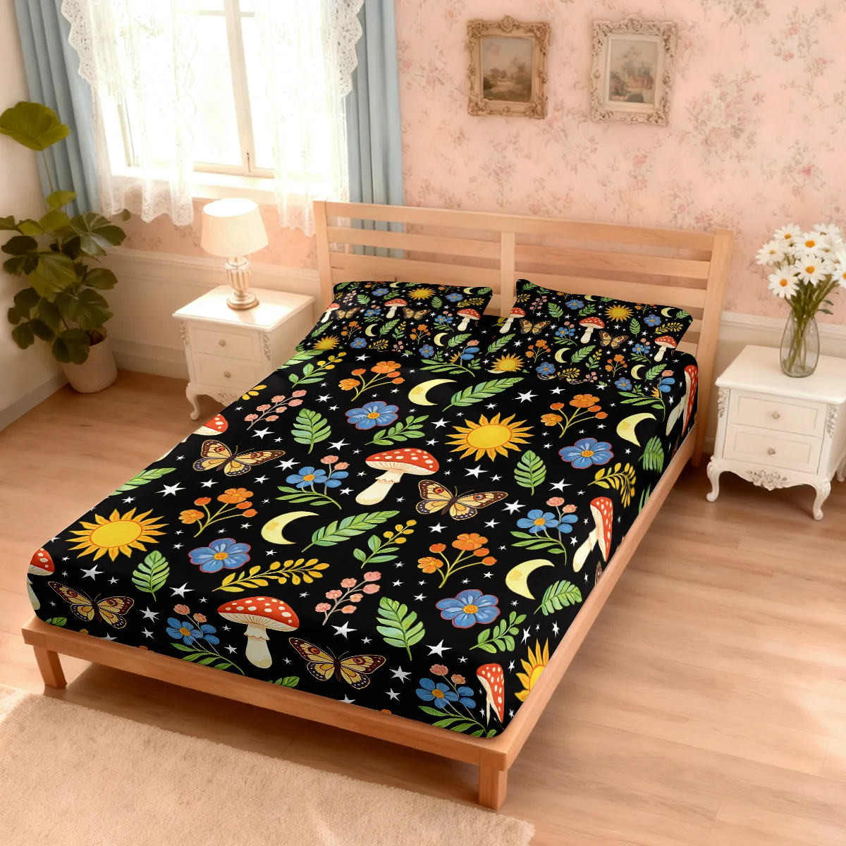 3pcs Color Cartoon Mushroom Print Coreless Bed Sheet Set, Multi Size Soft Bed Cover, Bedroom Bedding Decoration, Washable