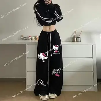 Cartoon Sanrio Amerikaanse Retro Hello Kitty Gedrukt Graffiti Casual Sportbroek Y2K Wijde Pijpen Hip Hop Joggingbroek Streetwear Vrouwen