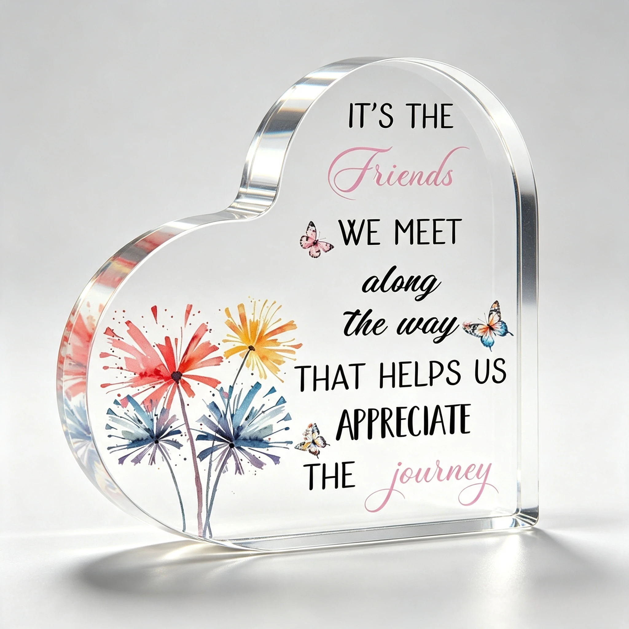Heart Shaped Acrylic Plaque Friendship Quote Watercolor Dandelion Butterfly Desktop Decor,Inspirational Friends Saying Heart Acrylic Ornament Tabletop Sign Gift for Best Friend