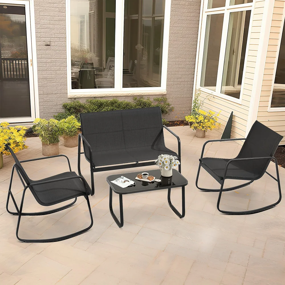

4 Pieces Outdoor Furniture Set,Patio Textilene Steel Conversation Set with Loveseat Chair,Rocking Chair Set of 2 and Tea Table