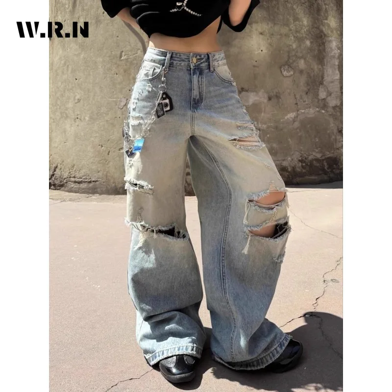 Harajuku Ripped ขากว้างหลวม Fit กางเกงยีนส์ Emo ถังขยะสีฟ้า Baggy กางเกงผู้หญิง Vintage Kpop Y2K ความเสียหายหลวม Mop Denim กางเกง