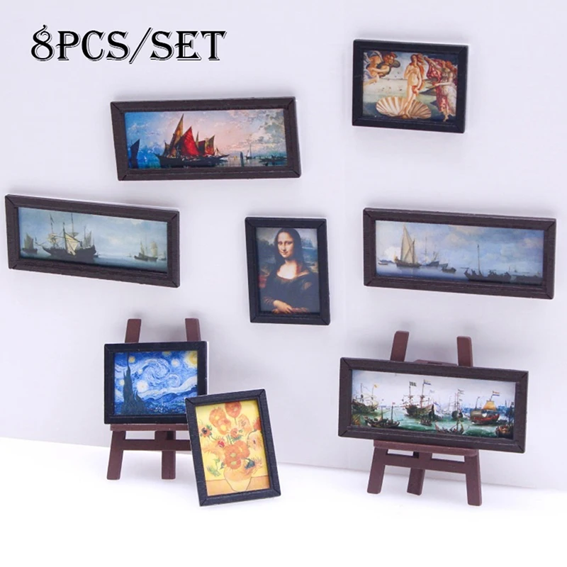 8Pcs/Set 1:12 Dollhouse Miniature Vintage Oil Painting Mural Photos Wall Picture Scene Decor Doll House Accessories