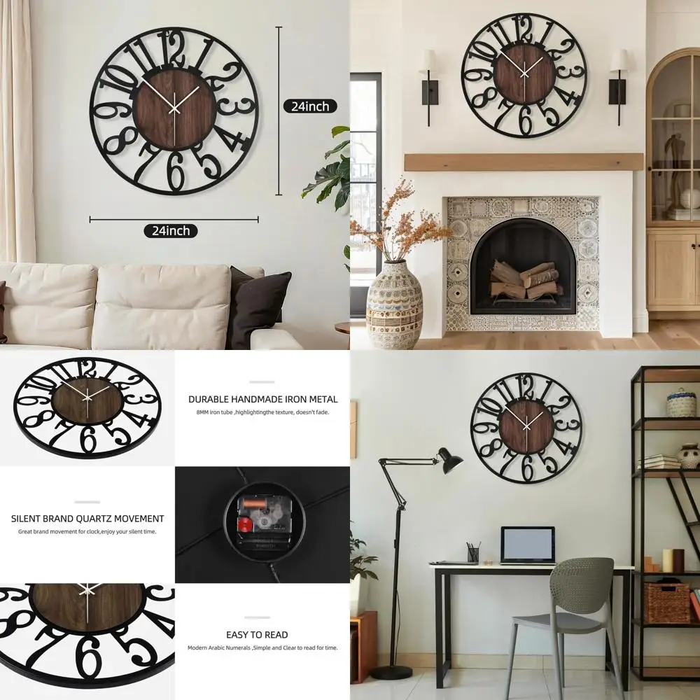 

24 Battery-Powered Silent Round Wall Clock - Black Metal & Wood, Ideal for Home, Living Room, Kitchen, Office, Farmhouse Decor