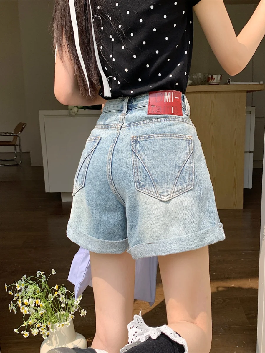 

American Retro High Waist Cuffed Denim orts Women plus Size Summer Thin Straight Leg Wide Pants Blue Zipper Closure